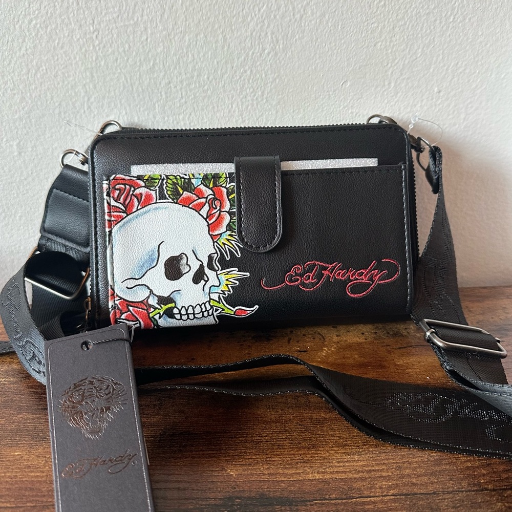 Ed Hardy | Bags | Ed Hardy Black Crossbody Wallet Bag With Skull